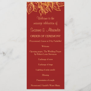 Gold Glitter Flowers and Dark Red Wedding Program Programme