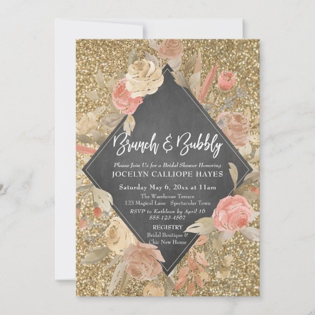 Gold Glitter Flowers Chalkboard Brunch & Bubbly Invitation (Front)