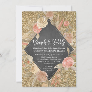 Gold Glitter Flowers Chalkboard Brunch & Bubbly Invitation