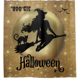 Gold Glitter Flying Witch Bougie Shower Curtain