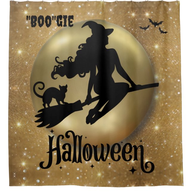 Gold Glitter Flying Witch Bougie Shower Curtain (Front)