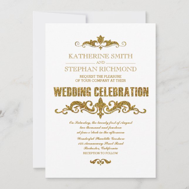 gold glitter foil confetti elegant wedding invites (Front)