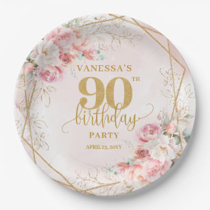 Gold Glitter Frame Blush Floral 90th Birthday  Paper Plate