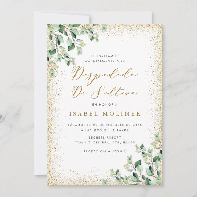 Gold Glitter Frame Greenery Spanish Bridal Shower Invitation (Front)