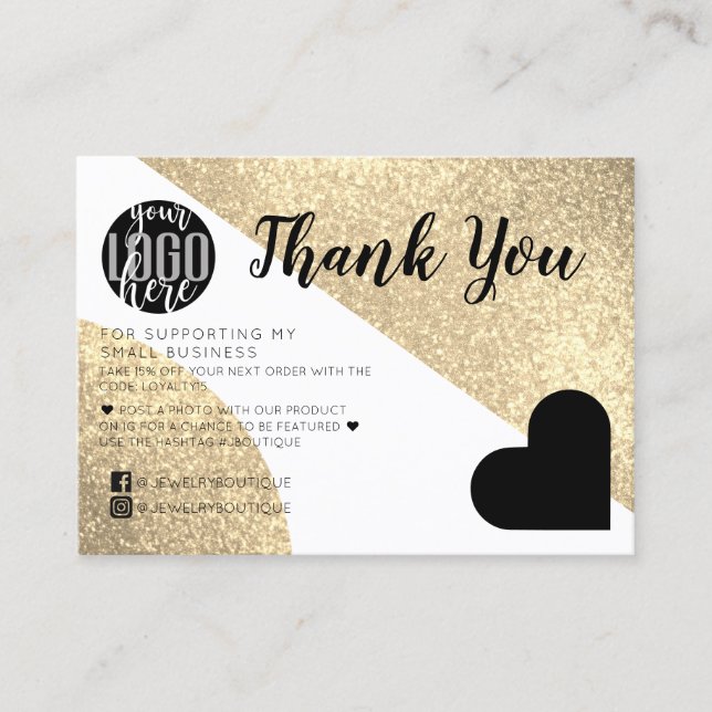 Gold Glitter Geo Heart Logo Customer Thank You Business Card (Front)