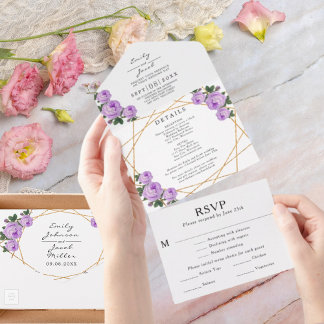 Gold Glitter Geo Purple Floral Wedding RSVP Photo All In One Invitation