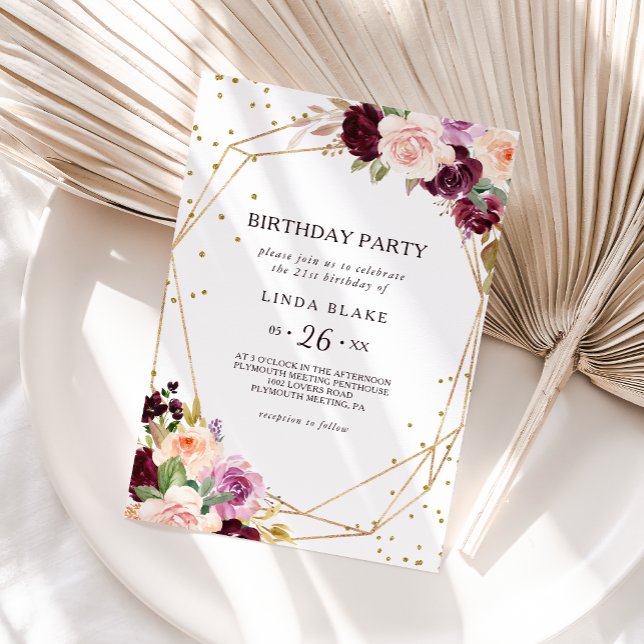 Gold Glitter Geometric Floral 21st Birthday Party Invitation (Creator Uploaded)