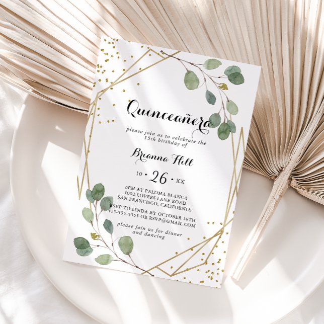 Gold Glitter Geometric Greenery Quinceañera Invitation (Creator Uploaded)