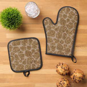 Gold Glitter Giraffe Print Oven Mitt & Pot Holder Set