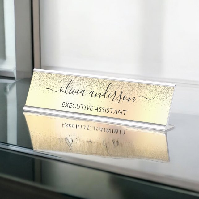 Gold Glitter Girly Luxury Modern Monogram Name Desk Name Plate (Creator Uploaded)