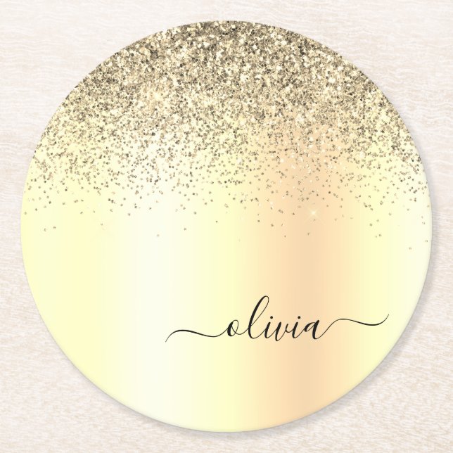 Gold Glitter Girly Luxury Modern Monogram Name Round Paper Coaster (Front)