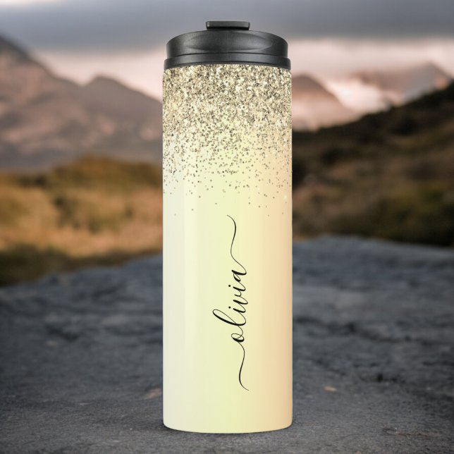 Gold Glitter Girly Luxury Modern Monogram Name Thermal Tumbler (Creator Uploaded)