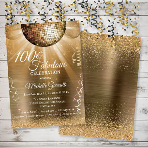 Gold Glitter Glam 100 and Fabulous Disco Ball Invitation