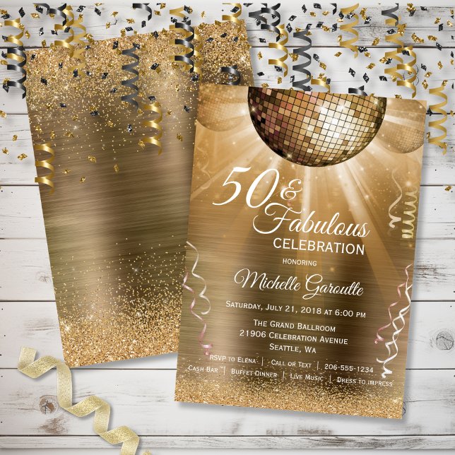 Gold Glitter Glam 50 and Fabulous Disco Ball Invitation (Gold Glitter Glam 50 and Fabulous Disco Ball Invitation)