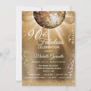 Gold Glitter Glam 90 and Fabulous Disco Ball Invitation