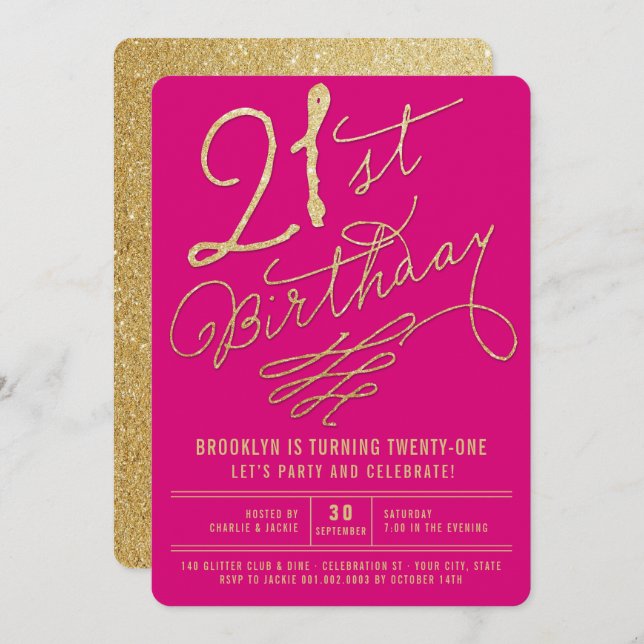 Gold Glitter Glam Adult 21st Birthday Party Invite (Front/Back)