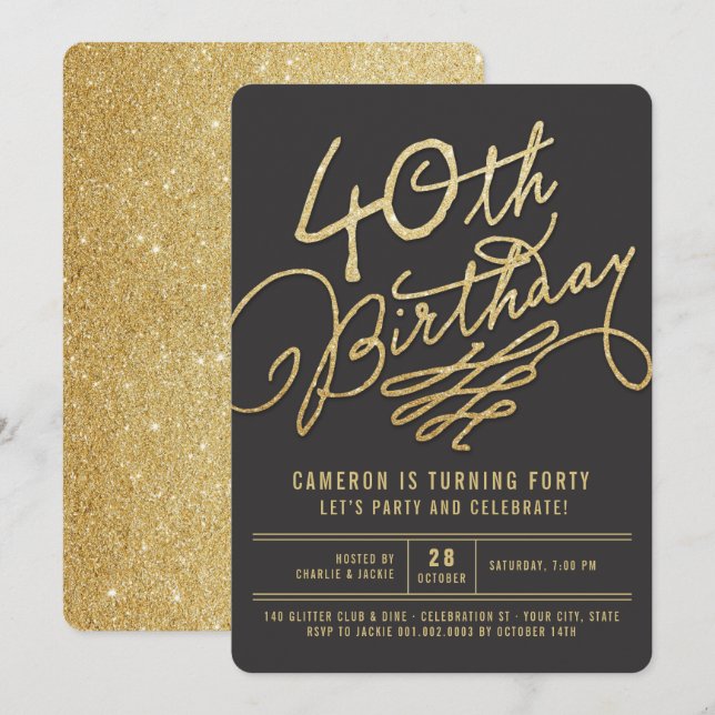 Gold Glitter Glam Adult 40th Birthday Party Invite (Front/Back)