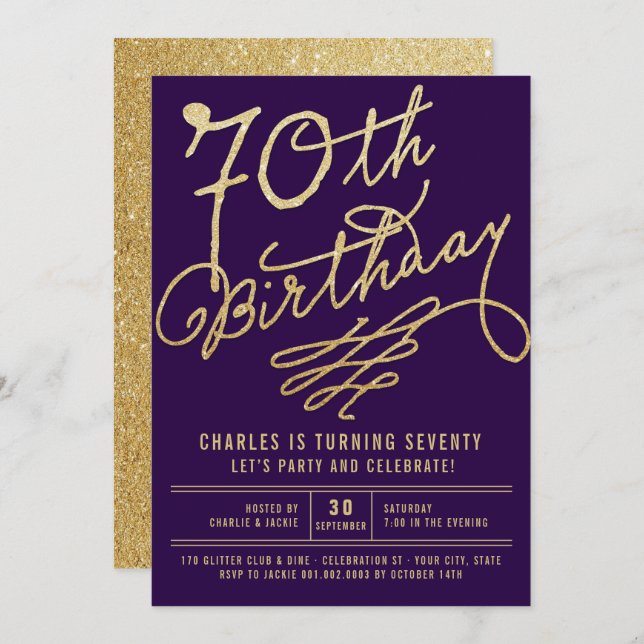 Gold Glitter Glam Adult 70th Birthday Party Invite (Front/Back)