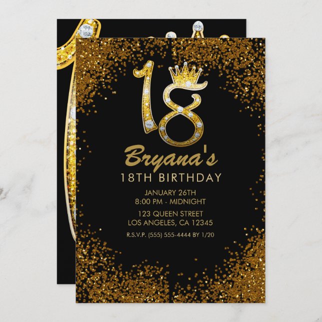 Gold Glitter Glam Crown Diamond Bling 18th 18 Invitation (Front/Back)