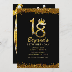 Gold Glitter Glam Crown Diamond Bling 18th 18 Invitation