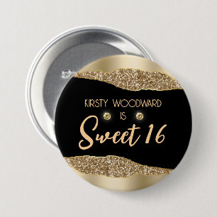 Gold Glitter Glam Edge & Diamonds Sweet 16 7.5 Cm Round Badge