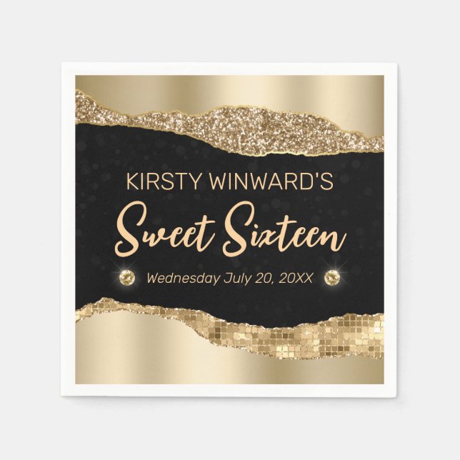 Gold Glitter Glam Edge & Diamonds Sweet 16  Napkin (Front)