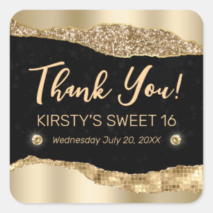 Gold Glitter Glam Edge & Diamonds Sweet 16 Square Sticker