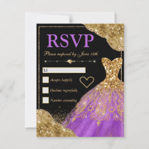 Gold Glitter Glam Edges & Dress Sweet 16 RSVP Card