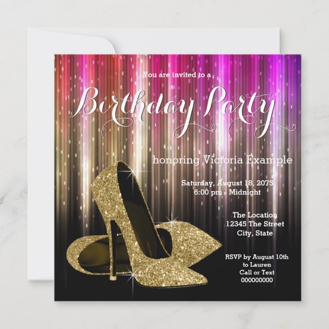 Gold Glitter Glam High Heel Shoe Birthday Party Invitation (Front)