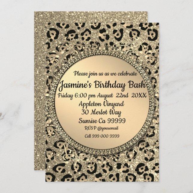 Gold Glitter Glam Leopard Print Invitation (Front/Back)