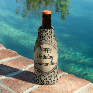 Gold Glitter Glam Leopard Print Personalised Bottle Cooler