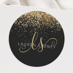 Gold Glitter Glam Monogram Name Classic Round Sticker