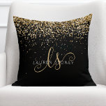 Gold Glitter Glam Monogram Name Cushion<br><div class="desc">Glam Gold Glitter Elegant Monogram Throw Pillow. Easily personalize this trendy chic throw pillow design featuring elegant gold sparkling glitter on a black background. The design features your handwritten script monogram with pretty swirls and your name.</div>