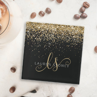 Gold Glitter Glam Monogram Name Glass Coaster