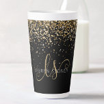 Gold Glitter Glam Monogram Name Latte Mug<br><div class="desc">Glam Gold Glitter Elegant Monogram Latte Mug. Easily personalise this trendy chic latte mug design featuring elegant gold sparkling glitter on a black background. The design features your handwritten script monogram with pretty swirls and your name.</div>