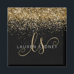 Gold Glitter Glam Monogram Name Magnet<br><div class="desc">Glam Gold Glitter Elegant Monogram Magnet. Easily personalise this trendy chic magnet design featuring elegant gold sparkling glitter on a black background. The design features your handwritten script monogram with pretty swirls and your name.</div>