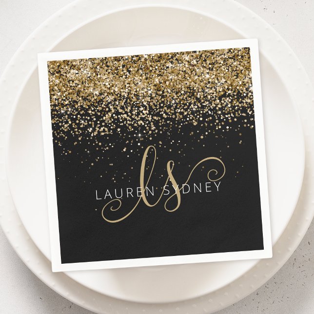 Gold Glitter Glam Monogram Name Napkin (Creator Uploaded)