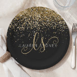 Gold Glitter Glam Monogram Name Paper Plate<br><div class="desc">Glam Gold Glitter Elegant Monogram Paper Plate. Easily personalise this trendy chic paper plate design featuring elegant gold sparkling glitter on a black background. The design features your handwritten script monogram with pretty swirls and your name.</div>