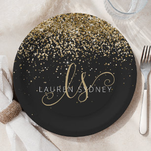 Gold Glitter Glam Monogram Name Paper Plate