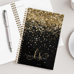 Gold Glitter Glam Monogram Name Planner<br><div class="desc">Glam Gold Glitter Elegant Monogram Planner 
Easily personalise this trendy chic planner design featuring elegant gold sparkling glitter on a black background. The design features your handwritten script monogram with pretty swirls and name.</div>