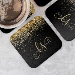 Gold Glitter Glam Monogram Name Square Paper Coaster<br><div class="desc">Glam Gold Glitter Elegant Monogram Paper Coaster. Easily personalise this trendy chic paper coaster design featuring elegant gold sparkling glitter on a black background. The design features your handwritten script monogram with pretty swirls and your name.</div>