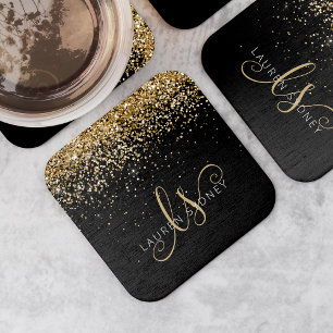 Gold Glitter Glam Monogram Name Square Paper Coaster