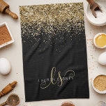 Gold Glitter Glam Monogram Name Tea Towel<br><div class="desc">Glam Gold Glitter Elegant Monogram Kitchen Towels. Easily personalize this trendy chic kitchen towels design featuring elegant gold sparkling glitter on a black background. The design features your handwritten script monogram with pretty swirls and your name.</div>