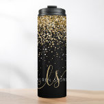 Gold Glitter Glam Monogram Name Thermal Tumbler<br><div class="desc">Glam Gold Glitter Elegant Monogram Thermal Tumbler. Easily personalise this trendy chic thermal tumbler design featuring elegant gold sparkling glitter on a black background. The design features your handwritten script monogram with pretty swirls and name.</div>