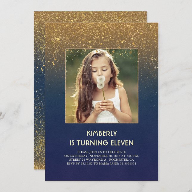 Gold Glitter Glam Navy Vintage Photo Birthday Invitation (Front/Back)