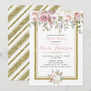 Gold Glitter Glam Pastel Floral Chic Bridal Shower Invitation