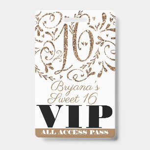 Gold Glitter Glam Sweet 16 Birthday Party VIP Pass ID Badge