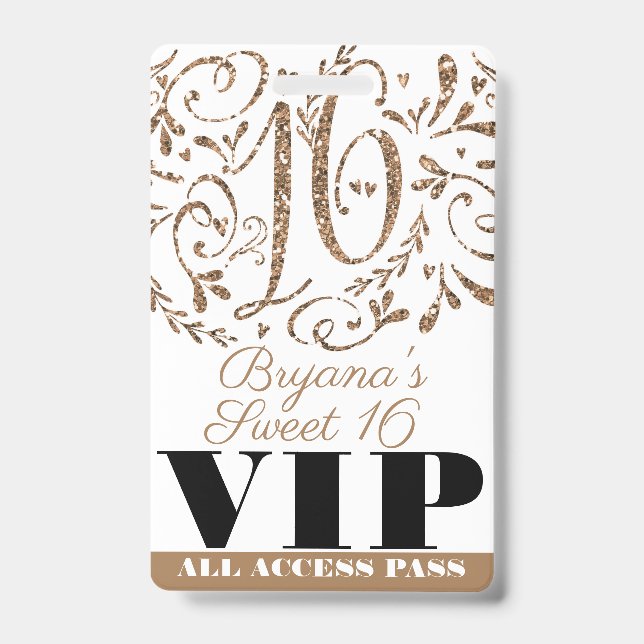 Gold Glitter Glam Sweet 16 Birthday Party VIP Pass ID Badge (Front)