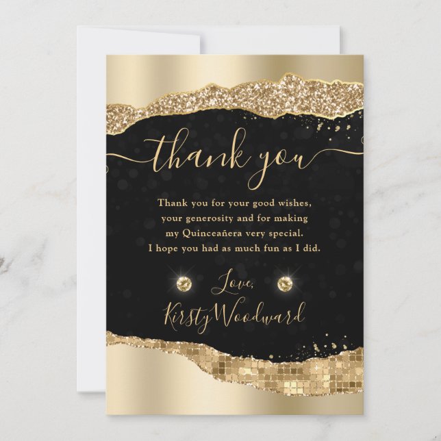 Gold Glitter Glam Tears Edges Quinceanera Thank You Card (Front)