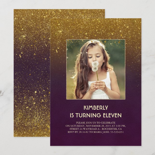 Gold Glitter Glam Vintage Photo Birthday Invitation (Front/Back)